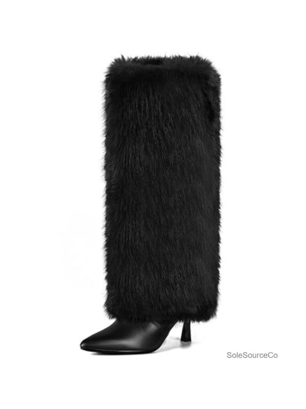 Faux Fur Knee High Boots Kitten Heel Pointed Toe Zip Winter